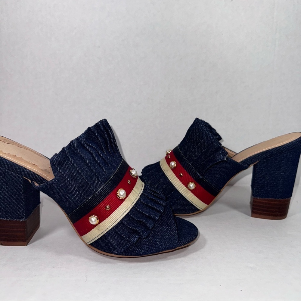 Ashley Stewart Red White Blue Patriotic Denim Slip on Heels 10 Wide 4th of July